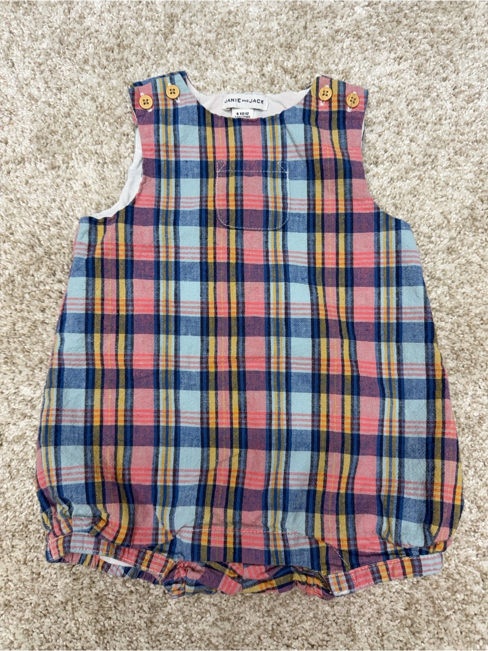 Janie & Jack Baby Boy Plaid Cotton Linen Bubble Romper Size 6-12 Months